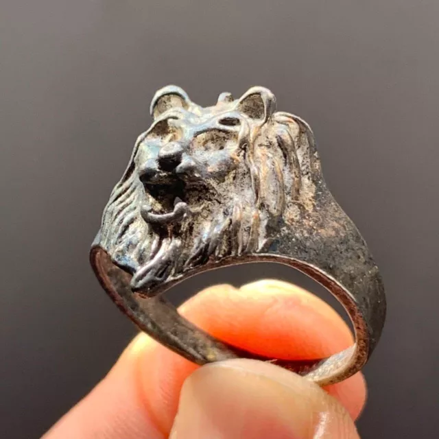 Extremely Ancient Bronze Antique Viking Ring Lion Head-Ring Artifact Very Rare