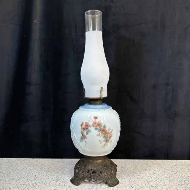 Beautiful Vintage Milk Glass Oil Lamp Bronze Base + Queen Anne Burner & Shade
