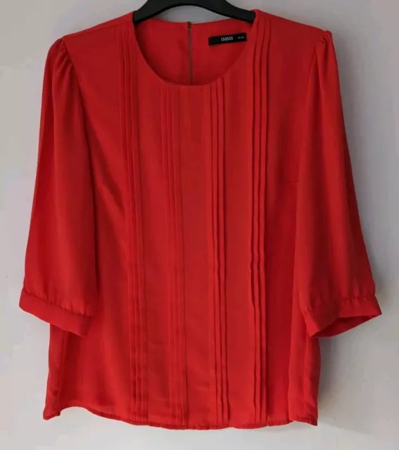 Ladies Oasis Red Blouse Pleat Front 3/4 Sleeves Size 14UK