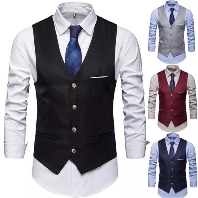 Mens V Neck Single-breasted Vest  Coat Business Dress Waistcoat With Pockets