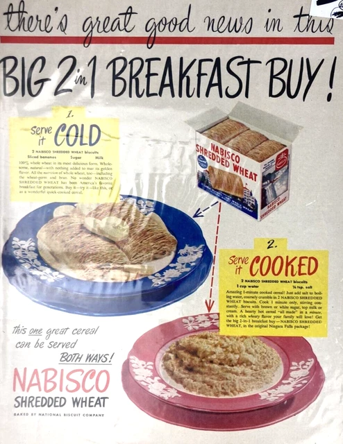 Vintage Nabisco Shredded Wheat Cold Or Cooked 1949 Magazine Print Ad L8