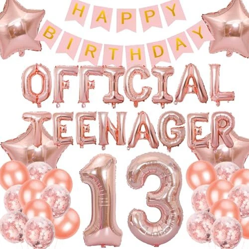 Elicola 13th Birthday Decorations Rose Gold Official Teenager Balloons Banner wi