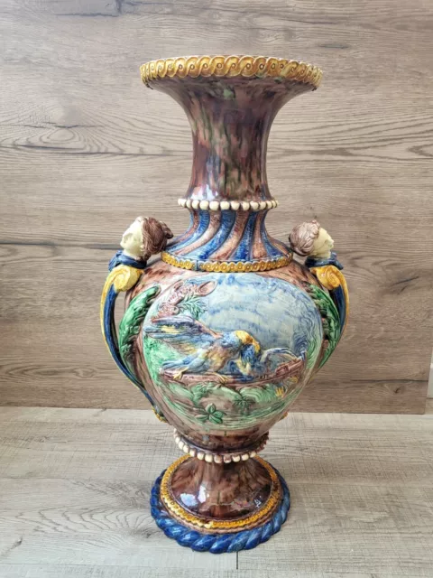 French Faience Barbotine Or Italian Majolica Vase 19th Century Maiolica Pottery