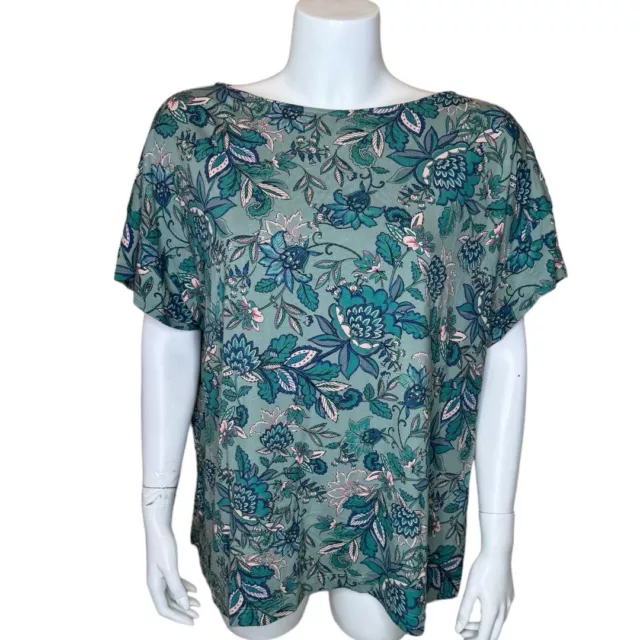 J Jill Womens Luxe Supima Short Sleeve Tee Top 2X Blue Green Floral Modal Blend