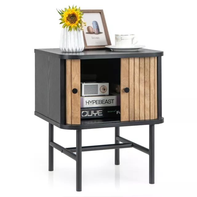 Bedside Table Wooden Nightstand Modern End Table Storage Cabinet W/Sliding Door