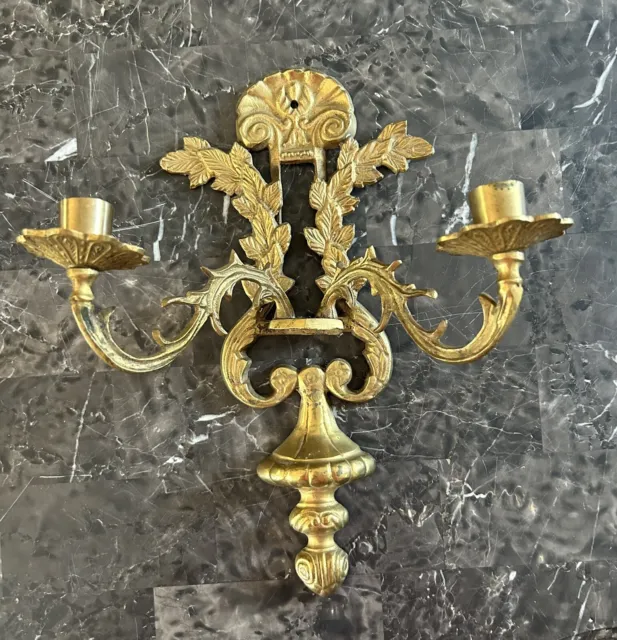 Vintage Ornate French Style Solid Brass Double Candle Holder Wall Sconce 14”