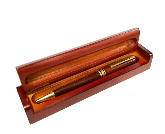 Luxury Rosewood Ballpoint Pen with Gold Tone Accent and Wooden Display Case