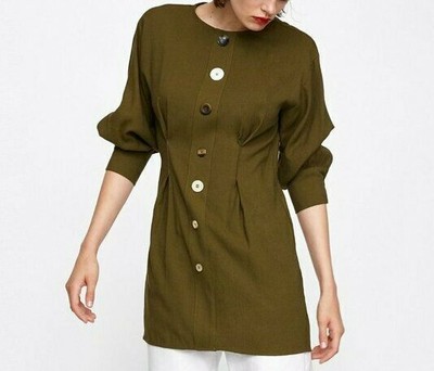 Nwt Zara Khaki Pleated Dress With Buttons 1971/160