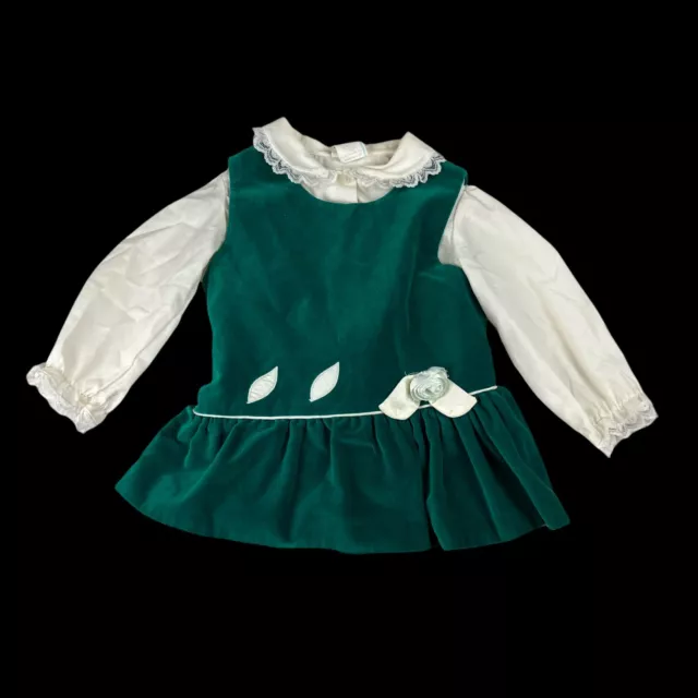Vintage Girl’s Velvet Green Dress With Long Sleeve Blouse Peter Pan Collar 18 M
