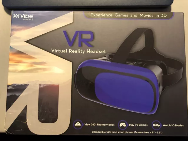 Vibe Essentials VR Virtual Reality Headset Blue Games Movies 3D Photos  View 360