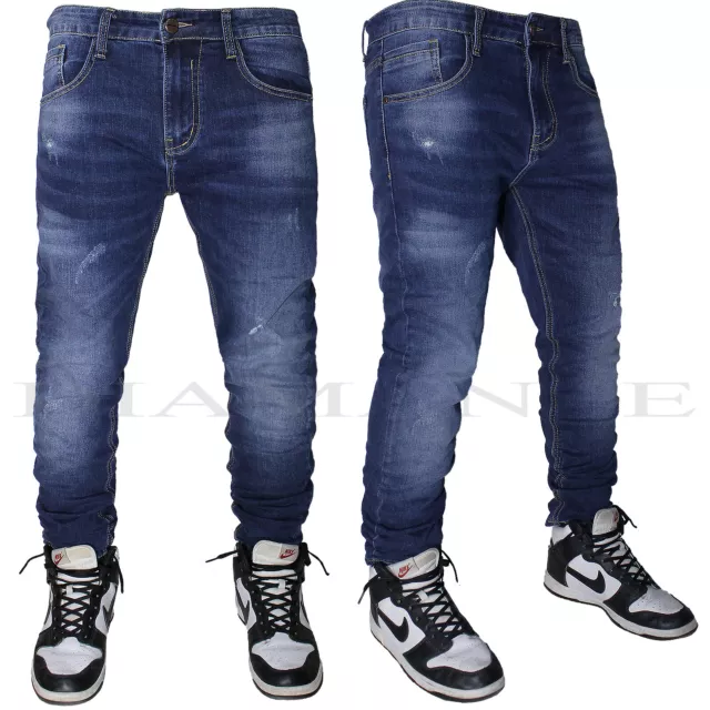 Jeans uomo Denim pantaloni Strappati Blu 5 tasche slim fit elasticizzati 2554