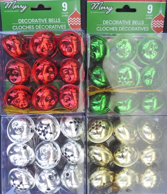 CHRISTMAS JINGLE BELLS Red Green Gold Silver w Gold Loops 1.5" 9/PK SELECT Bell