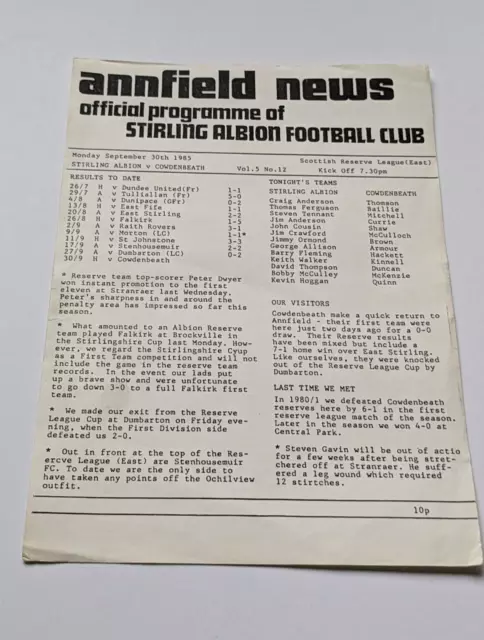 Stirling Albion v Cowdenbeath Scottish Football Reserve Programme 1985