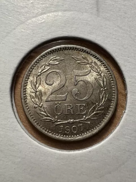 Dated : 1907 - Silver Coin - Sweden - 25 Ore - Oscar II