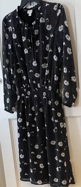 Euc Women Jcrew Black W/ Floral Chiffon Dress Ruffle Collar & Tie 36”B 42”L  Xs