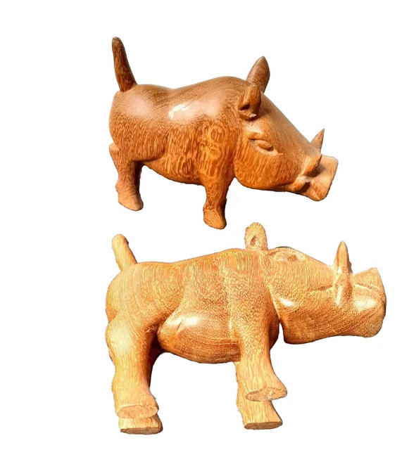 Hand Carved Solid Wood Animal Figure Warthogs Statues Room Decor