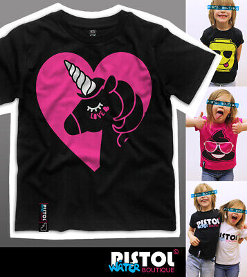 Acqua Pistol Boutique Bambini Ragazzi Ragazze Unicorn Love Cuore Nero T-Shirt