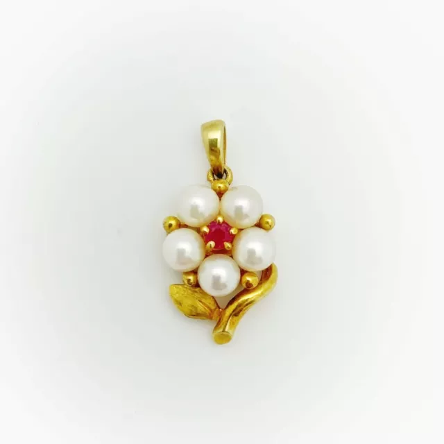 Estate 14k Yellow Gold Pearls and Ruby Pendant