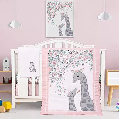 Crib Sets for Girls Giraffe Floral Baby Nursery Crib Bedding Set Pink Giraffe