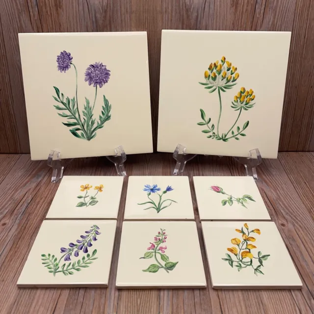 Villeroy & Boch Set of 8 Ceramic Tiles Cream with Handpainted Flowers Wall Decor