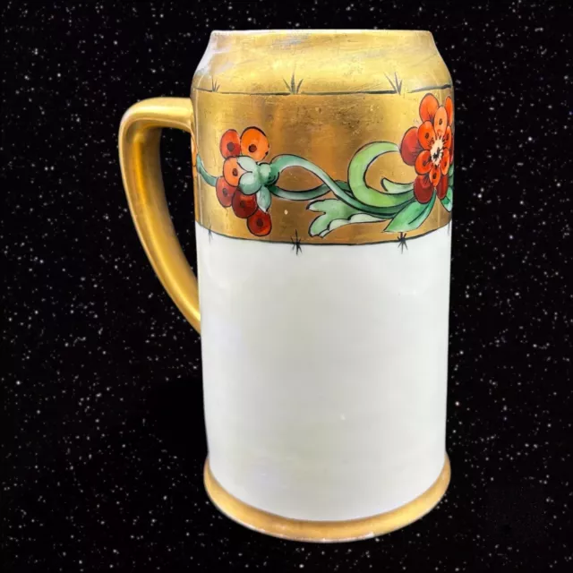 Antique Porcelain Large Mug Stein Hand Painted Gold Gilded Floral Vintage 7”T 3”