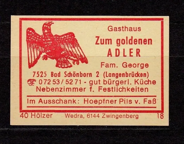 422209/ Zündholzetikett – Gasthaus Zum Goldenen Adler - 7525 Bad Schönborn