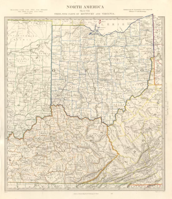 USA. Ohio with parts of Kentucky, Virginia & Indiana. Counties. SDUK 1846 map