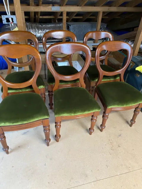 Set Of 6 Genuine Antique Wooden Dining Chairs Emerald Green Velvet Upholstered