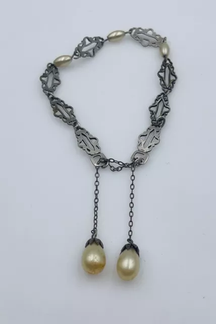 Antique Victorien Argent Sterling Inhabituel Lien Lariat Barrette Bracelet Perle