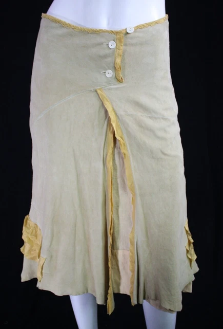 NIGEL PRESTON Sand Beige Suede Gold Silk Trim Asymmetric Midi Skirt XS NIGEL PRESTON Sand Beige Suede Gold Silk Trim Asymmetric Midi Skirt XS