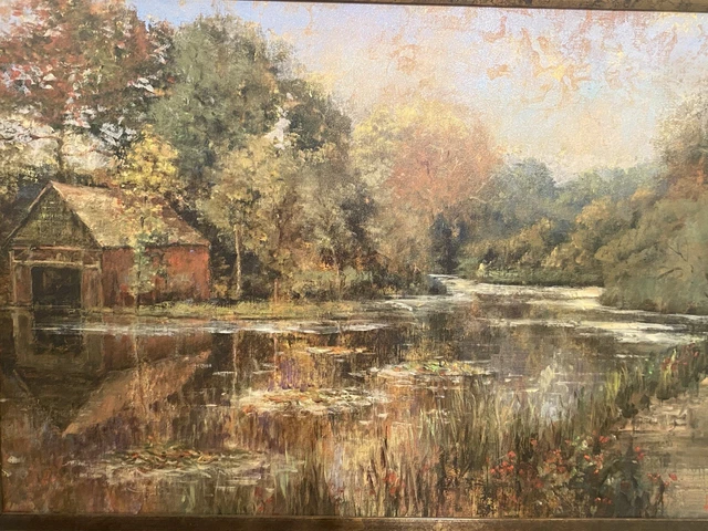 By The River Landscape Oil Painting  Vintage Framed Signed Longo 35” X 47”