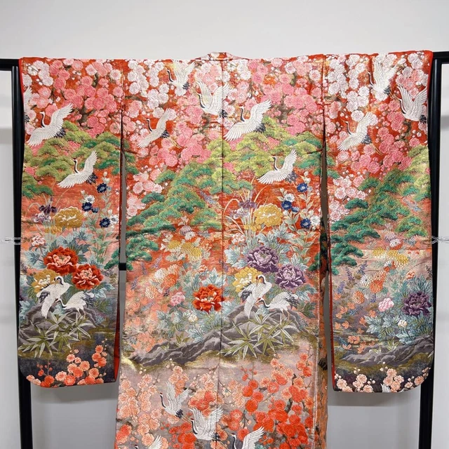 Japanese Kimono Uchikake Luxurious Wedding Embroidery Pure Silk Flower CraneK450 4