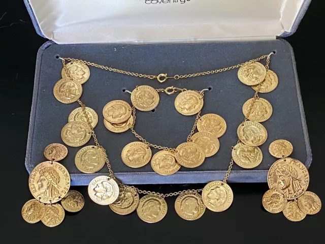 VINTAGE SARAH COVENTRY Gold Tone Coin parure set Necklace Bracelet Earrings