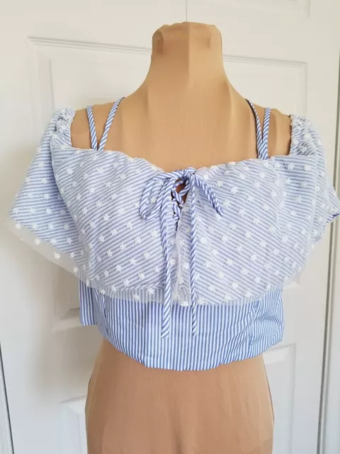 Do & Be Blue & White Stripe Off The Shoulder Crop Top W/Cap Lace Sleeve Size L