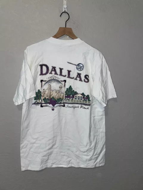 1995 Warner Bros Vintage Dallas TV Show Southfork Ranch Test Print White Shirt