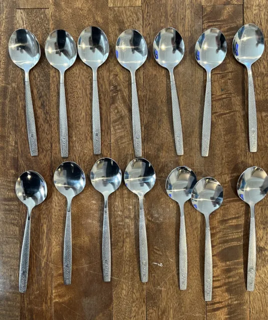Lot of 14 Spoons -MCM Vtg UNITED AIRLINES Fish Scale Stainless Steel Silverware