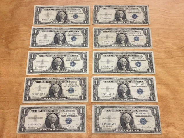 LOT OF 10 DATED 1935/1957 $1 BLUE SEAL SILVER CERTIFICATES & 1 Is a *STAR NOTE*