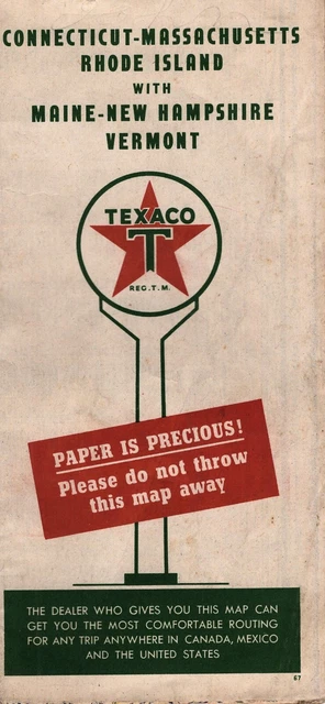 1947 Texaco New England Map CT MA RI ME NH VT Paper Conservation WWII