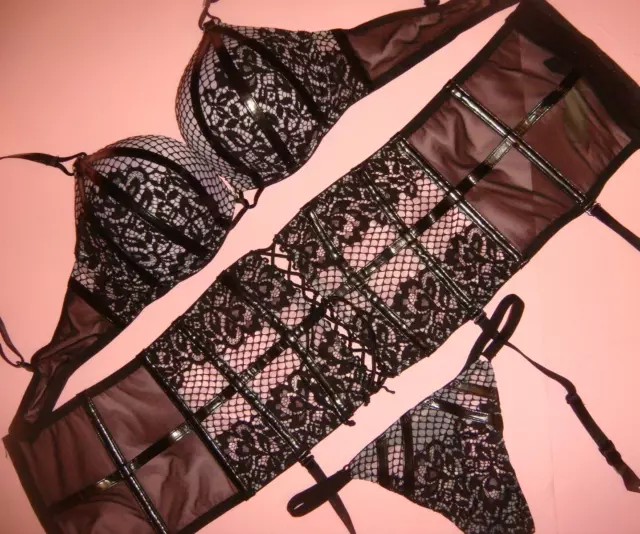 Victoria's Secret 34C BOMBSHELL BRA SET+garter Black Beige Strappy  SCANDALOUS