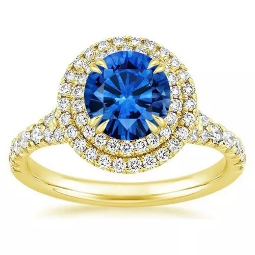 1.65 Ct Real Round Cut Sapphire & Diamond Engagement Ring 14K Solid Yellow Gold