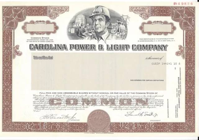 Carolina Power & Light Company....."Specimen" Common Stock Certificate