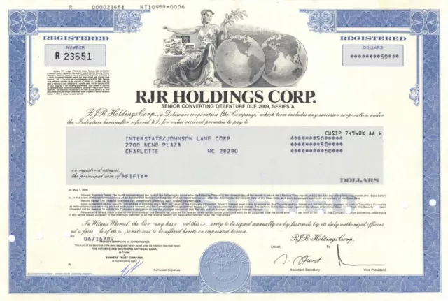 RJR Holdings Corp. - Famous Tobacco Company Bond dated 1989 - Merged with Nabisc