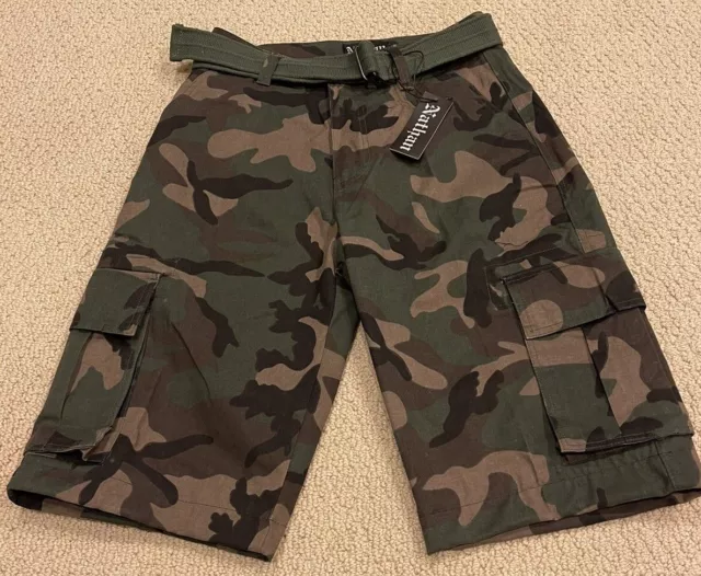 NWT Men’s Nathan Woodland Green Camouflage Belted Cargo Pocket Shorts ALL SIZES