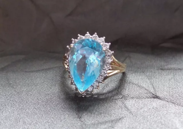 Stunning 10K Yellow Gold Blue Topaz & Diamond Halo Designer Cocktail Ring