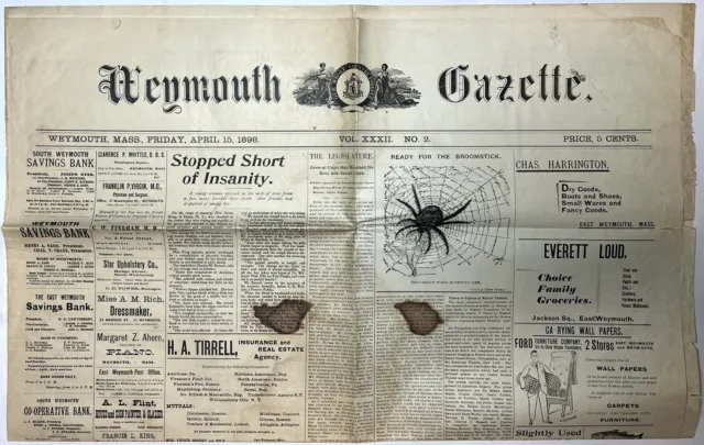 1898 Weymouth Massachusetts Gazette Newspaper April 15 Illustrated Mass Ma Rare