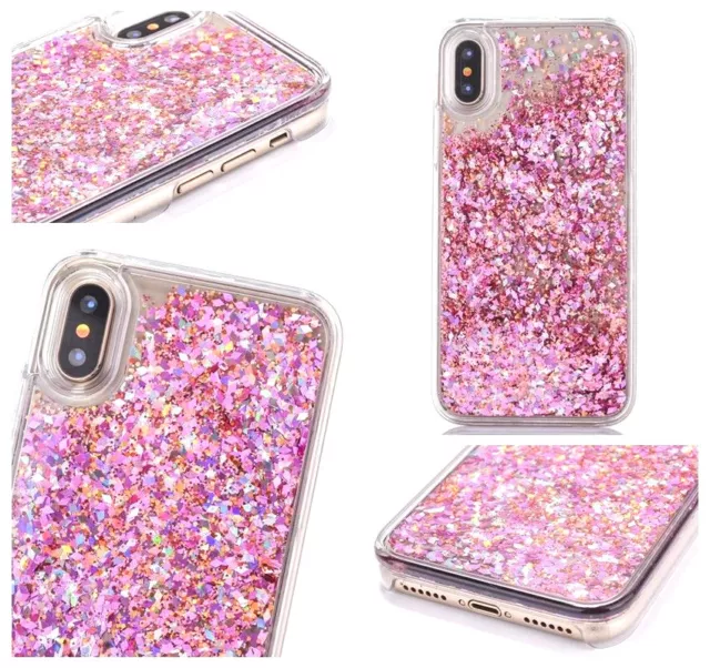 iPhone X / XS - Rose Gold Pink Waterfall Confetti Hard Glitter Liquid Case Cover