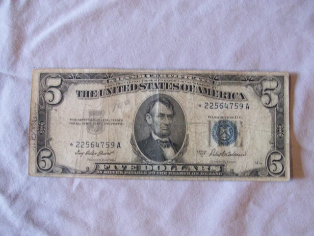 1953A $5 FIVE Dollar Silver Certificate Star Note * blue seal 