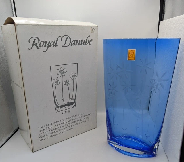 Royal Danube Etched Crystal Vase Cobalt Blue Daisy Floral Flowers New 12”