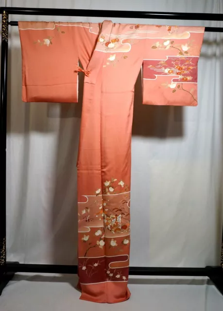 Japanese kimono  "HOUMONGI" A branch of flowers, Gold, Pink, Coach ,L64"..2826