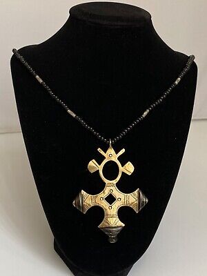 Handmade Tuareg Necklace Pendant Cross Talisman black beads style